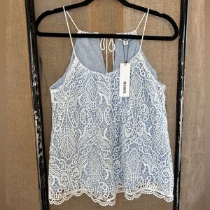BB Dakota Blue Top with White Lace Overlay